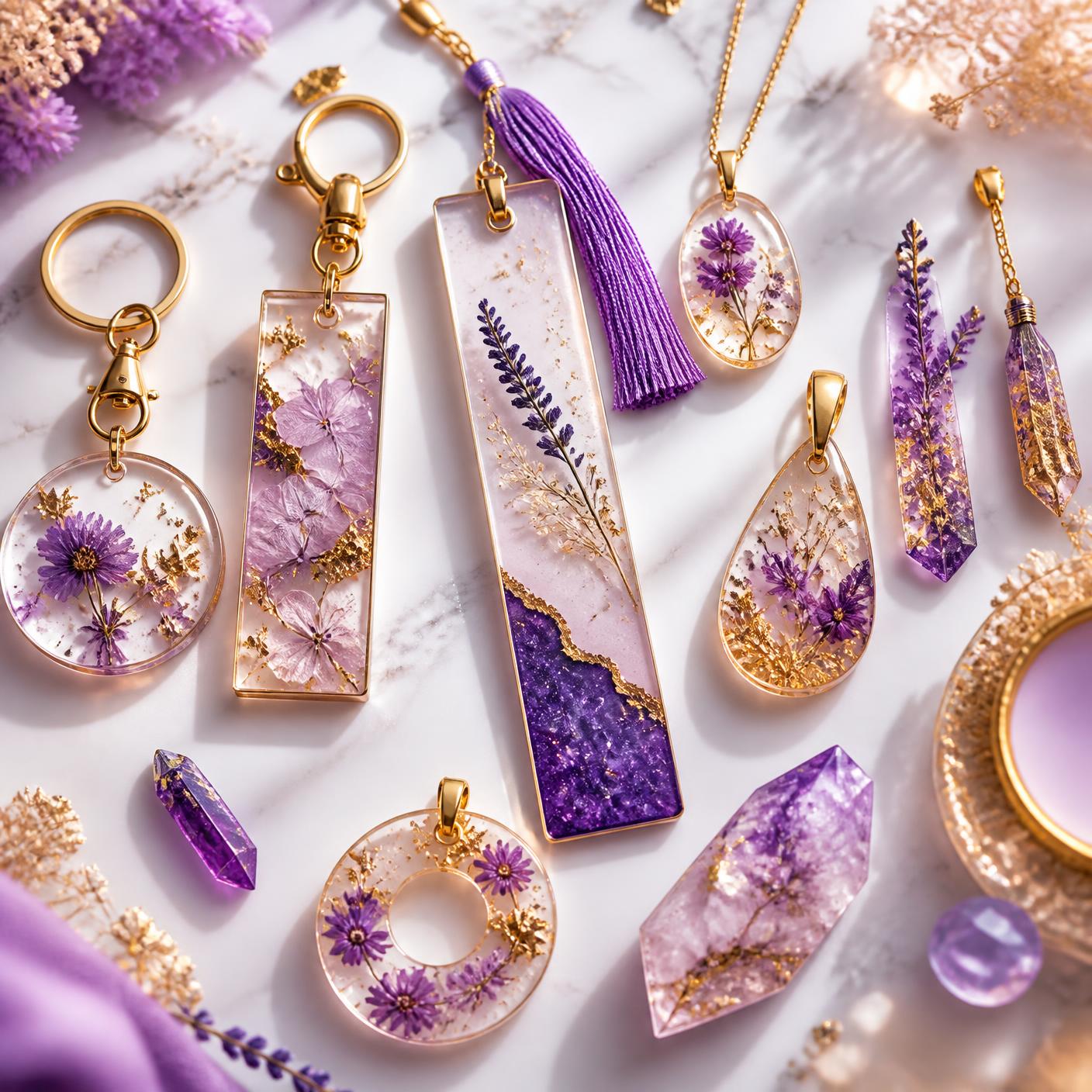 Accesorios elaborados con resina: llaveros, colgantes y piezas con flores y detalles dorados